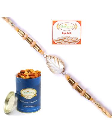 Ghasitaram Gifts Rakhi for Brother Rakhis Online - RM-628 Premium Rakhi with 100 GMS of Dryfruits Mix Can 200 GMS of Kaju katli Rakhi & 100g Dryfruits Mix Can 200g Kaju katli