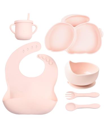 KOKSI Baby Feeding Set Silicone Weaning Supplies with Suction Plate & Bowl Bib Spoon & Fork Cup Tableware for Babies Kids Toddlers Microwave & Dishwasher Safe (Light Pink Rabbit Plate)