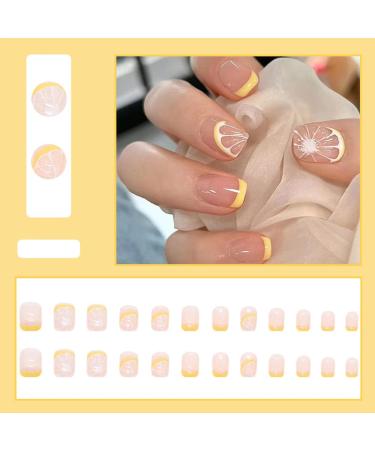 Summer Lemon Press on Nails - 24pcs Short Square Coffin Nude Fake Nails with Glue | Cute & Graceful DIY Nail Art for Women - Buy Online on GoSupps.com