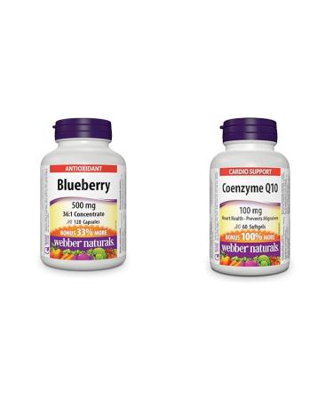 Webber Naturals Blueberry 120 Capsules Antioxidant Spport & Coenzyme Q10 (CoQ10) 100mg 60 Softgels High Potency Antioxidant For Heart Health Cellular Energy Production and Migraine Support Blueberry + Coenzyme Q10