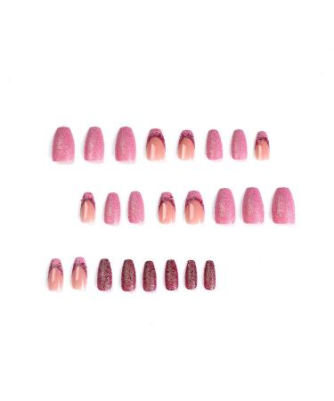 Fashionable Hot Pink Glitter French Tips Press On Nails - 24Pcs Medium Coffin Nails for Women and Girls - Buy Online on GoSupps.com