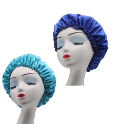 2 Pcs Hair Bonnet for Sleeping Wide Band Satin Cap Soft Night Sleep Hat Salon Bonnet Hat for Night Sleep Curly Hair Protection Head Cover Blue