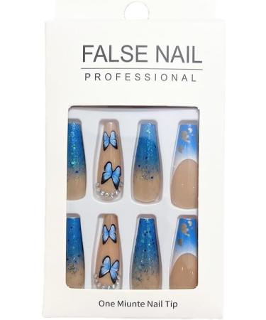 24Pcs/Set Press On Nails Blue Butterfly Sparkling Diamond Long Ballet False Nails Acrylic Fake Nails Full Cover Nails Tips Artificial Finger Manicure Press on nails for Women and Girls - Buy Online on GoSupps.com