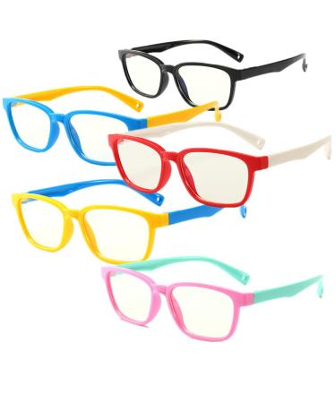 Shiratori Kids Childrens Anti-Blu-ray Glasses Nerd Retro Silicone Clear Lens Eye Glasses Soft Frame 5pack