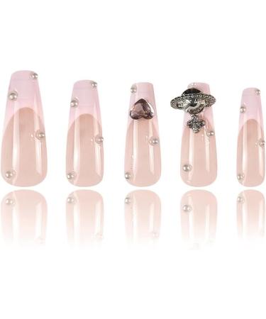 French Tip Press on Nails - Long Square Press On Nails with Nail Tips Love Heart crystal powder rhinestone Planet pattern Design Glossy white press on nails Acrylic False Nails Cute Artificial Nails - Buy Online on GoSupps.com