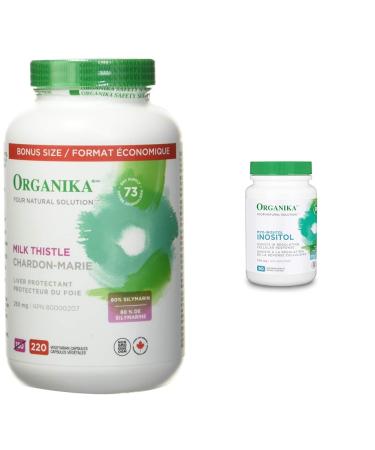 Organika Milk Thistle 250 Mg Bonus Size 220 count- Liver Protectant From Silymarin Seed- 220vcaps & Inositol (Myo-Inositol)- Cellular Response Mood Balance Insulin Support- 90vcaps 220 count (Pack of 1) Seed + Inositol