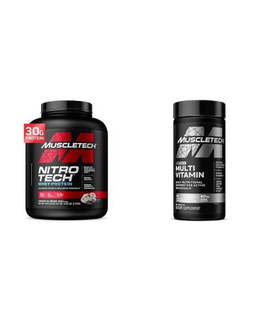 Muscletech Whey Protein Powder & Multivitamin for Immune Support - Nitro-Tech Muscle Building Formula with Whey Protein Isolate & Peptides 30g Protein 3g Creatine 6.8g BCAAs and Platinum Multivitamin with 18 Vitamins &