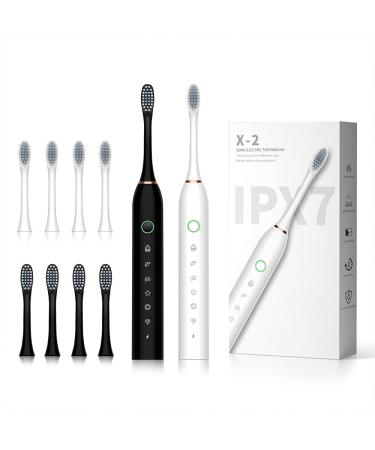 SUNPRO 2 Pack Sonic Electric Toothbrush 6 Modes 42000vpm 8 Brush Heads with 2 Minute Built-in Timer (Black+White)