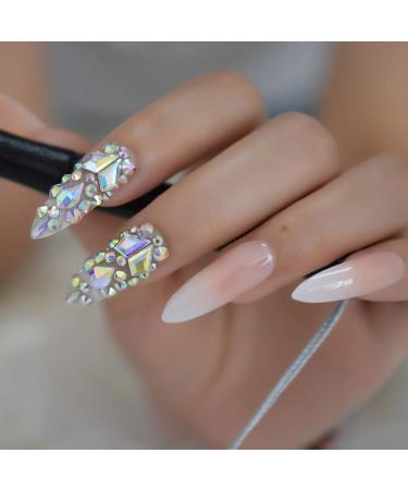 Luxury Extra Long Ombre French Designer Fake Nails with AB Stones Decoration - Stiletto Shape | Pre-designed Natural Tips with Crystal Jewelry - Ombre Luxe - Buy Online on GoSupps.com