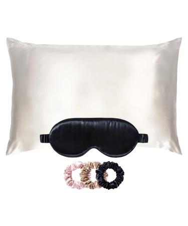 Slip Silk Pillowcase Eye Mask + Scrunchies Bundle - Includes One Queen Silk Pillowcase (White) One Lovely Lashes Contour Eye Sleep Mask (Black) + One Large Silk Scrunchie Set (Black Pink Caramel)