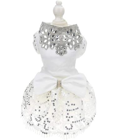 FLAdorepet Sparkling Rhinestone Dog Wedding Party Dress Tutu Skirt Luxury Lace Bow Dress Bride Costume For Small Dog Pet Apparel (S White) S White - Buy Online on GoSupps.com