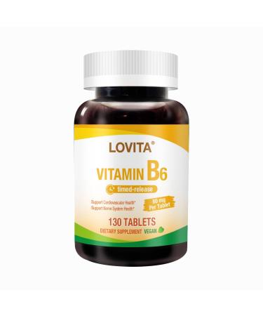 Lovita Vitamin B6 (Pyridoxine Hydrochloride) 80mg Timed Release 8 Hours Sustained Support Cardiovascular & Nerve Health 130 Vegan Tablet