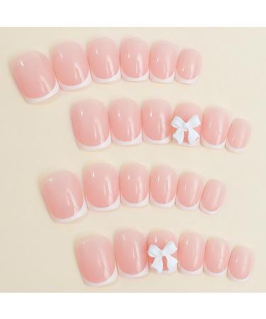 Shop 24 Pcs White French Tip Press on Nails - Medium Square Coffin Design with Bow | Full Cover Acrylic Nail Tips for Women & Girls - Perfect Daily Wear Decor - Buy Online on GoSupps.com