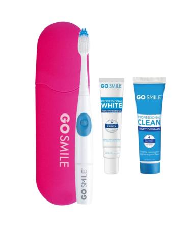 GO SMILE Battery-Powered Vibrating Sonic Whitening Toothbrush Travel Set - Wireless Electronic On The Go Tooth Brush - .5oz Whitening Gel & 1oz Luxury Toothpaste Whiten With No Sensitivity Pink Case