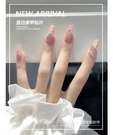 24Pcs/Set Press On Nails Long French Pearl Plaid Pattern False Nails Acrylic Fake Nails Full Cover Nails Tips Artificial Finger Manicure Press on nails for Women and Girls - Buy Online on GoSupps.com