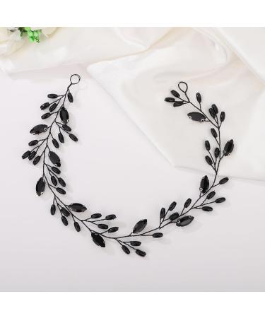 Kercisbeauty Thin Long Black Crystal Beads Headband Wedding Bridal Handmade Hair Piece for Women Girls