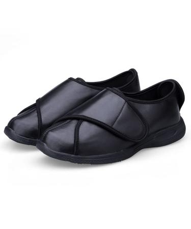 ZJING Mens Wide Diabetic Leather Shoes Adjustable Closures Walking Slippers for Arthritis Edema Swollen Feet Middle-Aged Elderly Men 14 Black