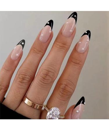YoYoee Almond Fake Nails Cute Black Press on Nails Tips French Short False Nails Pearl Full Cover Stick on Nails for Women and Girls 24Pcs gorgeous 14