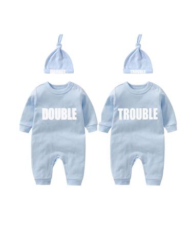 culbutomind Baby Twins Bodysuits Double Trouble Newborn Unisex Baby Romper Cute Outfit With Hat Blue BT 6-9 Months