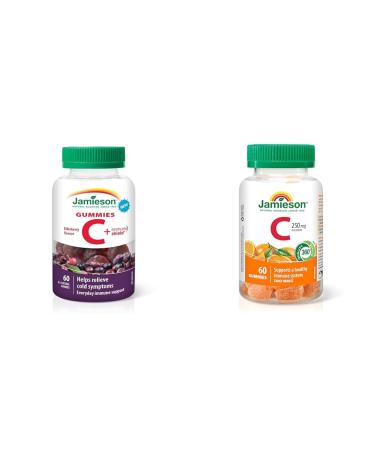 Jamieson Vitamin C plus Immune Shield Gummies - Elderberry Flavour 60 Count (Pack of 1) & Vitamin C Gummies 60 Gummies Gummies + Vitamin C Gummies