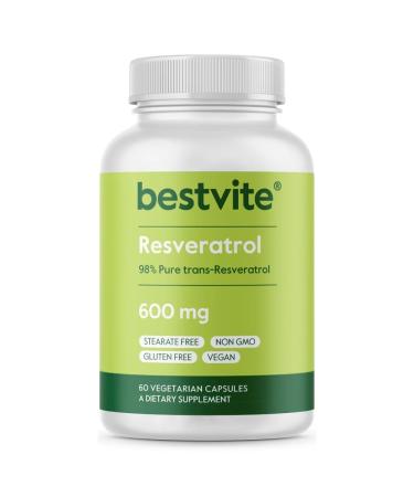 BESTVITE Resveratrol 600mg (60 Vegetarian Capsules) - 98% Pure Trans-Resveratrol - No Stearates- Vegan - Gluten Free - Non GMO
