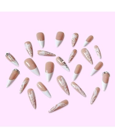 Runrayay White Acrylic Press-On Nails with Rhinestones - Long Floral Design Full Coverage for Women & Girls - Buy Online on GoSupps.com