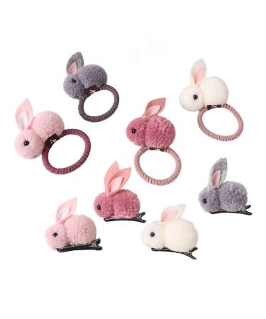 Lurrose 8 pieces rabbits hair tie and bunnies hairpins elastic hair ring ponytail holder hair clip Easter hair jewelry for babies (random color)