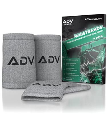 ADV Bamboo Charcoal Tennis Wristbands - Ultra Absorbent, Doublewide & Slim Sweat Bands for Wrists - 4 Pack Gray