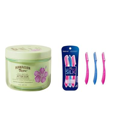 Hawaiian Tropic After Sun Body Butter with Coconut Oil 8oz and Schick Hydro Silk Dermaplaning Tool with Precision Cover 3ct Bundle