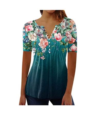 Dress Shirts for Women, Womens Fold Floral Printed Button Tunic Blouses Short Sleeve Vest V-Neck Birthday Gifts Cami Green 3X-Large