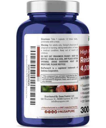 NusaPure Reishi Mushroom Extract 4000mg per Capsule 300 Veggie Caps Vegan Non-GMO Gluten-Free - Buy Online on GoSupps.com