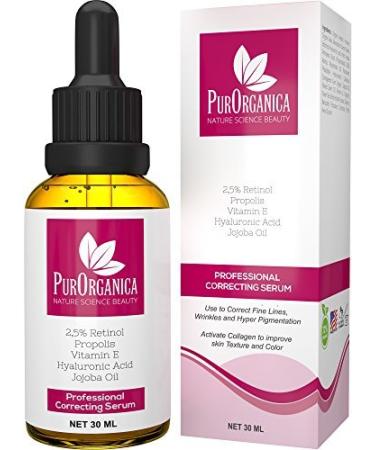 PurOrganica Retinol Serum - Best Treatment for Acne and Acne Scars  Pigmentation  Fine Lines  Wrinkles and Dark Circles - Premium 2.5% Retinol  Vegan Hyaluronic Acid & Jojoba Oil