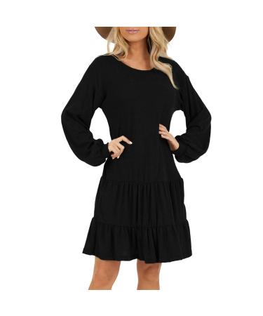 Women Casual T-Shirt Dress A-line Langarm Rundhals Swing Leisure Dress Elegant Midilange Foldingkrock Swing Beach Dress Summer Dress Insinetry XL Black