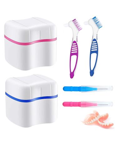 Press storage box 2 pieces of denture dentist dentist dinner prosthetic scenes with 2 prostheses cleaner brushes for incorrect teeth storage cleaning (blue + pink) multicolored