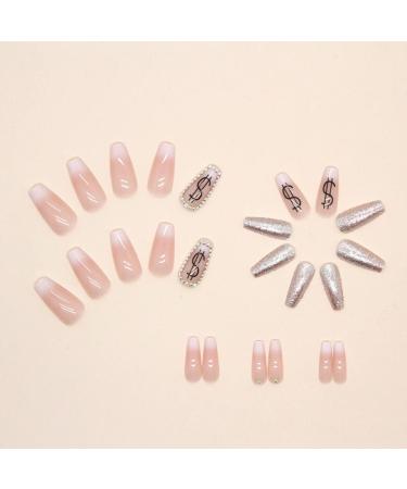 24 Pcs Silvery Glitter False Nails with Jewels - Milky White French Press on Nails for Women | Acrylic Coffin Fake Nails Medium with Glue for Nail Art - Buy Online on GoSupps.com