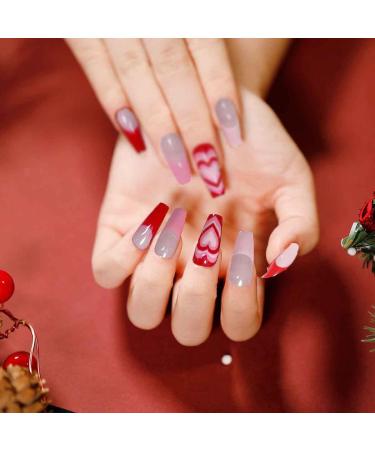 Bufenia French Coffin Artificial Nails - Flash Gradient Nude Pink Press On Nails with Glitter Heart - Ballerina Fake Nails for Women & Girls - 24 Pieces (Pink/Red) - Buy Online on GoSupps.com
