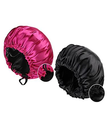 2 Pcs Satin Sleep Cap for Women Long Hair Bonnet for Curly Hair Waterproof Extra Large Double Layer Adjustable Satin Bonnet (Black+roseRed)