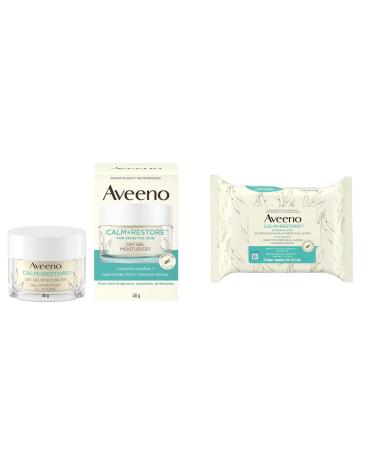 Aveeno Calm and Restore Oat Gel Facial Moisturizer for Sensitive Skin Lightweight Gel Cream & Calm + Restore Nourishing Makeup Removing Wipes - Oat Extract & Feverfew Gel Moisturizer+Makeup Removing Wipes