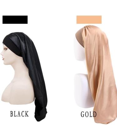 Ladaypoa Long Satin Sleeping Cap - 2 Large Sleeping Hats for Women | Extra Large Soft Satin Sleep Caps for Long Braids | Comfortable Black & Gold with Wide Elastic Ribbon - Buy Online on GoSupps.com
