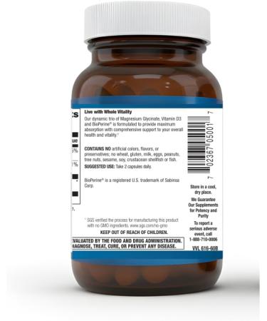 Whole Vitality Magnesium Glycinate 300mg with Vitamin D3 1000 IU High Absorption Supplement for Sleep Muscle Recovery & Bone Health Non-GMO Vegetarian Capsules - Buy Online on GoSupps.com