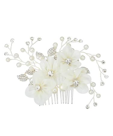 Minkissy Crystal Wedding Hair Comb Bridal Flower Rhinestone Pearl Decor Hair Accessories for Bride Bridesmaid (Silver)