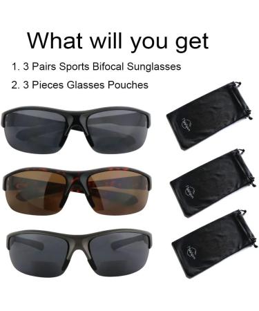3 Pairs Bifocal Wrap Around Sunglasses for Men & Women - UV Protection Sun Reader Microfiber Pouches Included - Black Grey Tortoise 2.5x - Buy Online on GoSupps.com