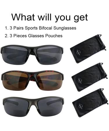Hyyiyun 3 Pairs Bifocal Reading Sunglasses 2.0x for Men and Women - Wrap Around Outdoor Reader Glasses in Black, Grey, and Tortoise - Buy Online on GoSupps.com