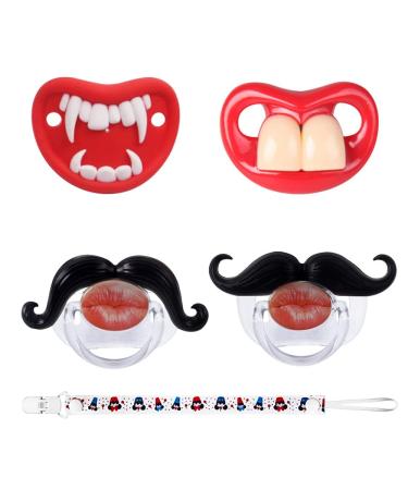 Funny Baby Pacifiers Funny Pacifiers 0-6 Months Funny Pacifiers for Boys and Girls Mustache Binky Kiss Lips Pacifiers BPA Free(4 Packs) Red