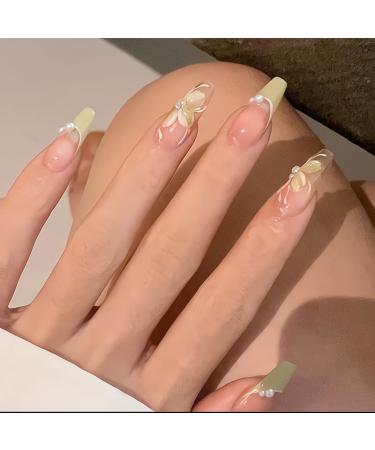 24Pcs/Set Press On Nails Long Ballet Nails With Pearl Natural Fresh Camellia Flowers False Nails Acrylic Fake Nails Full Cover Nails Tips Artificial Finger Manicure Press on nails for Women and Girls