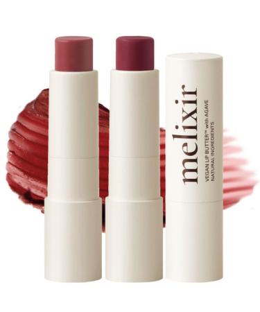 Melixir Vegan Lip Butter Duo Set Hydrating Tinted Lip Balm Gift Set with Shea Butter, Moisturizing for Dry Chapped Lips, Petrolatum-Free, Bee-Free, Sheer Natural Finish (Autumn Rain & Nudy Rose)