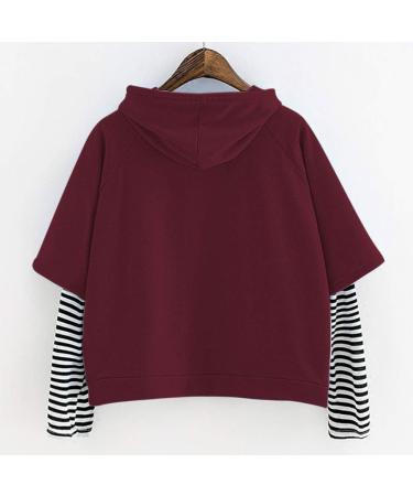 Bigfanshu Womens Sweaters Ladies Sweatshirt Hooded Long Sleeve Crop Patchwork Blouse Pullover Tops Wine - Buy Online on GoSupps.com
