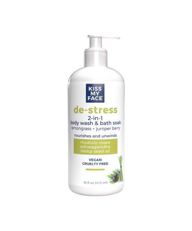 Kiss My Face De-Stress 2-in-1 Body Wash & Bath Soak - Lemongrass + Juniper Berry - Botanical Blend - Vegan and Cruelty Free - With added Rhodiola Rosea  Hemp Seed Oil and Ashwagandha - 16 fl oz Bottle