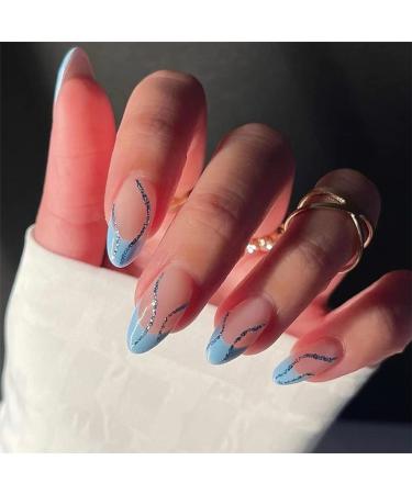 Sethexy swirl artificial tonsiling brief French artificial nails abstractly wrong nails shiny 24 pieces acrylic nails to stick on for women and girls blue French