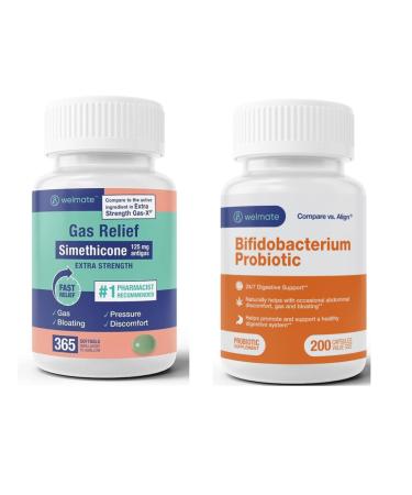 WELMATE Comprehensive Gut Health Bundle: Extra Strength Gas Relief Simethicone 125mg (365 Softgels) + Bifidobacterium Probiotic for Digestive & Immune Support (200 Count) | Fast-Acting Gluten-Free